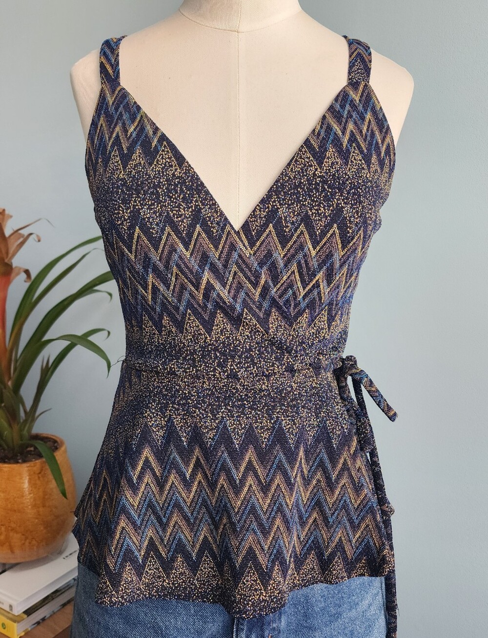 NWT Altar'd State Navy and Gold Sparkly Chevron Wrap Tank with Side Tie